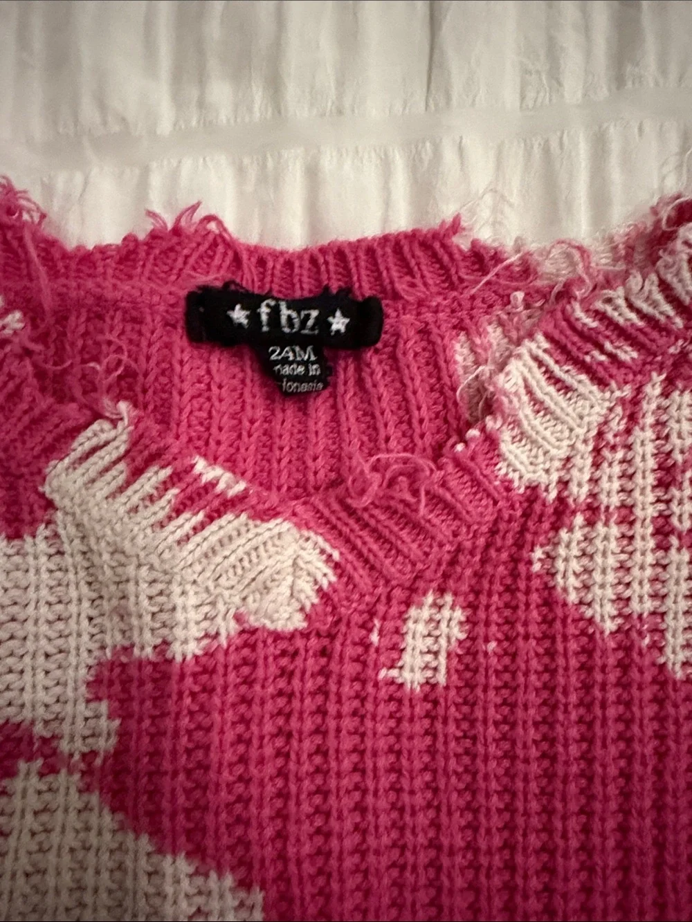 Flowers by Zoe Pink & Cream Distressed Knit Crew Sweater